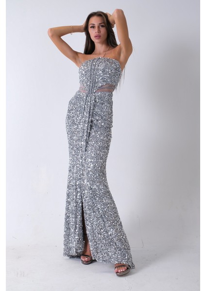 Gri Önü Taş Detaylı Yırtmaçlı Pul Payet Straplez Abiye 0801163.06