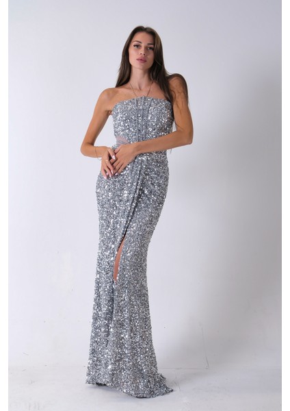 Gri Önü Taş Detaylı Yırtmaçlı Pul Payet Straplez Abiye 0801163.06 fiyatları