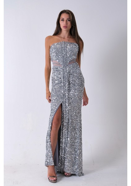 Gri Önü Taş Detaylı Yırtmaçlı Pul Payet Straplez Abiye 0801163.06 modelleri