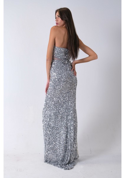 Gri Önü Taş Detaylı Yırtmaçlı Pul Payet Straplez Abiye 0801163.06 fırsatları