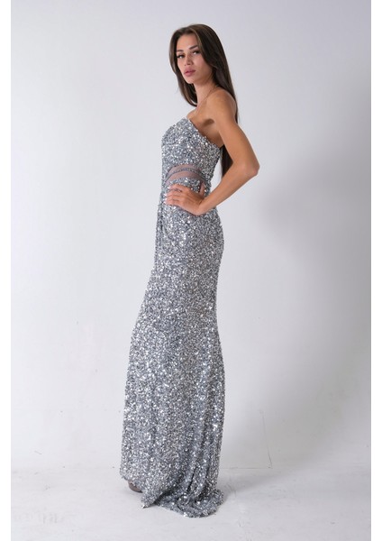 Gri Önü Taş Detaylı Yırtmaçlı Pul Payet Straplez Abiye 0801163.06 indirimleri