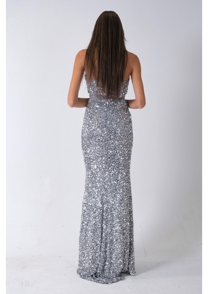 Gri Önü Taş Detaylı Yırtmaçlı Pul Payet Straplez Abiye 0801163.06