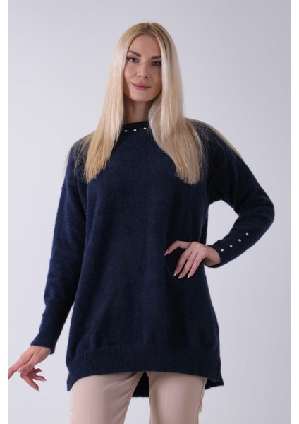 Lacivert Yaka ve Kolları Taş Detaylı Bisiklet Yaka Kazak 44530206.02