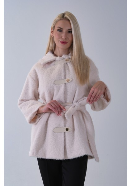 Ekru Gömlek Yakalı 4 Düğme Deri Bukle Detaylı Kaşe Yün Ceket 5307122.147