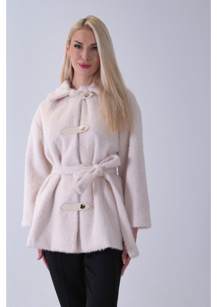 Ekru Gömlek Yakalı 4 Düğme Deri Bukle Detaylı Kaşe Yün Ceket 5307122.147