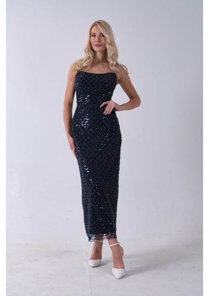 Lacivert Midi Boy Straplez Pul Payet Abiye 0801134.02 modelleri