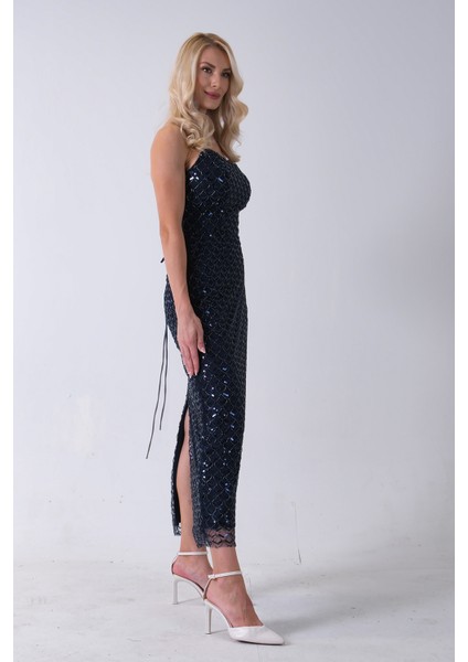 Lacivert Midi Boy Straplez Pul Payet Abiye 0801134.02 indirimleri