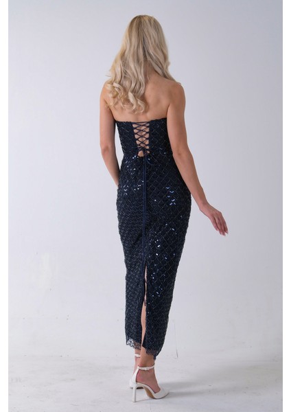 Lacivert Midi Boy Straplez Pul Payet Abiye 0801134.02