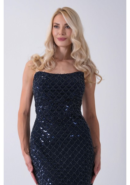 Lacivert Midi Boy Straplez Pul Payet Abiye 0801134.02