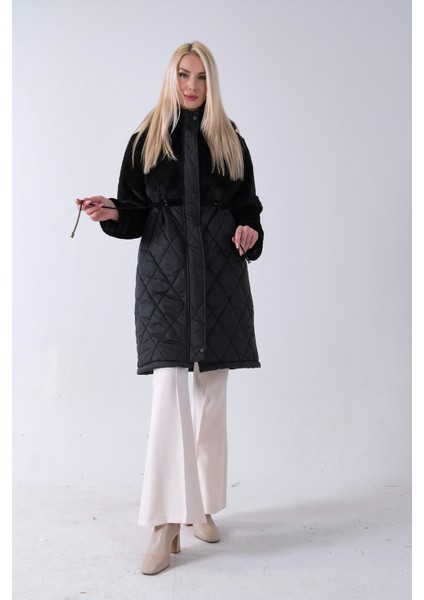 Siyah Yarım Peluş Detaylı Belden Sıktırmalı Kapüşonlu Baklava Desen Mont 44520211.01 fiyatları