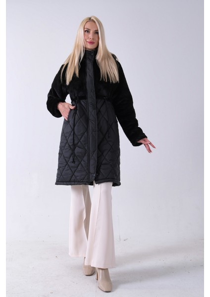 Siyah Yarım Peluş Detaylı Belden Sıktırmalı Kapüşonlu Baklava Desen Mont 44520211.01 modelleri