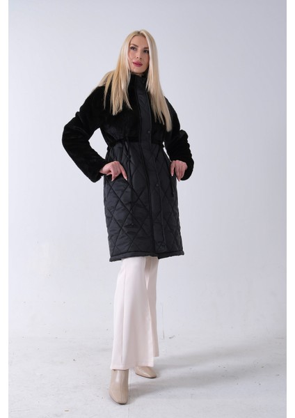 Siyah Yarım Peluş Detaylı Belden Sıktırmalı Kapüşonlu Baklava Desen Mont 44520211.01 fırsatları