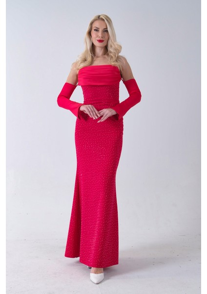 Kırmızı Drapeli Üzeri Işıltı Nokta Detaylı Kollu Abiye 0802502.08