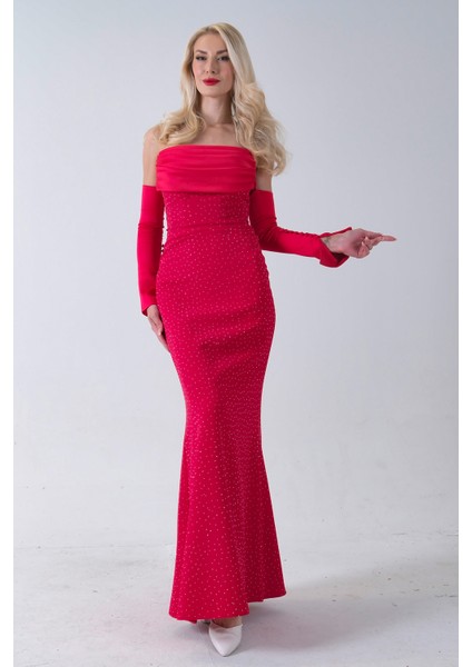 Kırmızı Drapeli Üzeri Işıltı Nokta Detaylı Kollu Abiye 0802502.08 modelleri