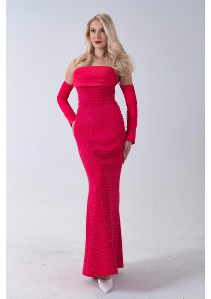 Kırmızı Drapeli Üzeri Işıltı Nokta Detaylı Kollu Abiye 0802502.08 fırsatları