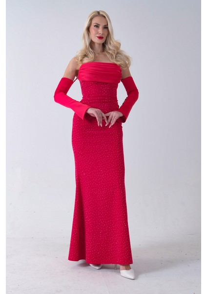 Kırmızı Drapeli Üzeri Işıltı Nokta Detaylı Kollu Abiye 0802502.08 indirimleri