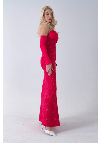 Kırmızı Drapeli Üzeri Işıltı Nokta Detaylı Kollu Abiye 0802502.08