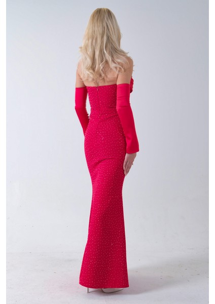 Kırmızı Drapeli Üzeri Işıltı Nokta Detaylı Kollu Abiye 0802502.08