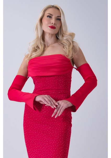 Kırmızı Drapeli Üzeri Işıltı Nokta Detaylı Kollu Abiye 0802502.08