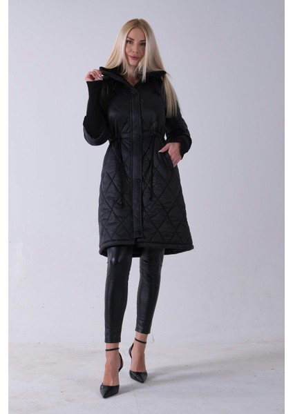 Siyah Bileği Lastikli Kapüşonlu Baklava Desenli Şişme Mont 44520207.01 fiyatları