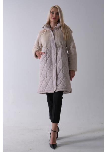 Taş Yarım Peluş Detaylı Belden Sıktırmalı Kapüşonlu Baklava Desen Mont 44520211.50