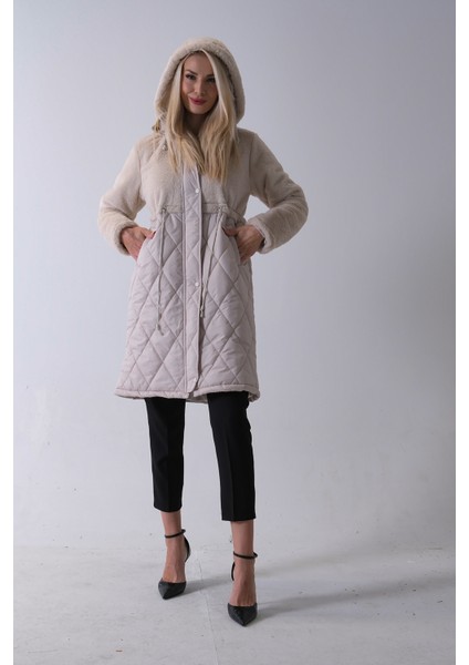 Taş Yarım Peluş Detaylı Belden Sıktırmalı Kapüşonlu Baklava Desen Mont 44520211.50