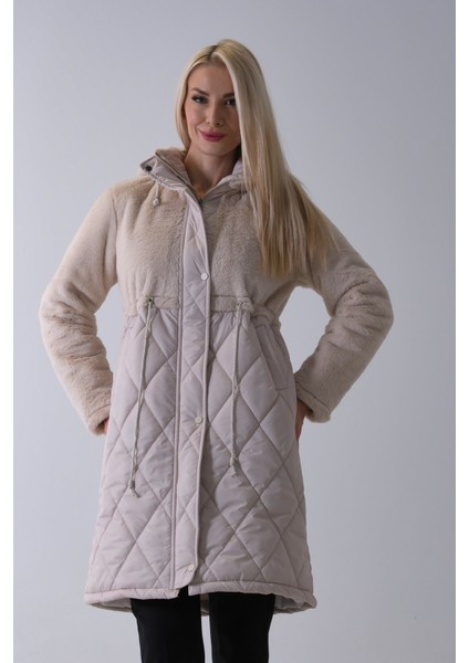 Taş Yarım Peluş Detaylı Belden Sıktırmalı Kapüşonlu Baklava Desen Mont 44520211.50