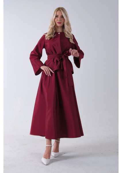 Bordo Önü Tek Düğmeli Kuşaklı Etek Ceket 31040701.04