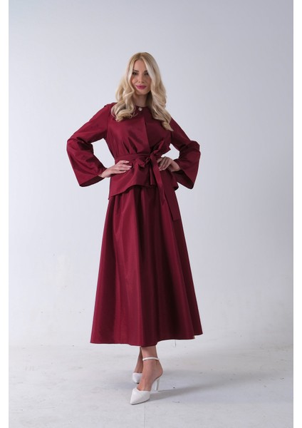 Bordo Önü Tek Düğmeli Kuşaklı Etek Ceket 31040701.04 modelleri