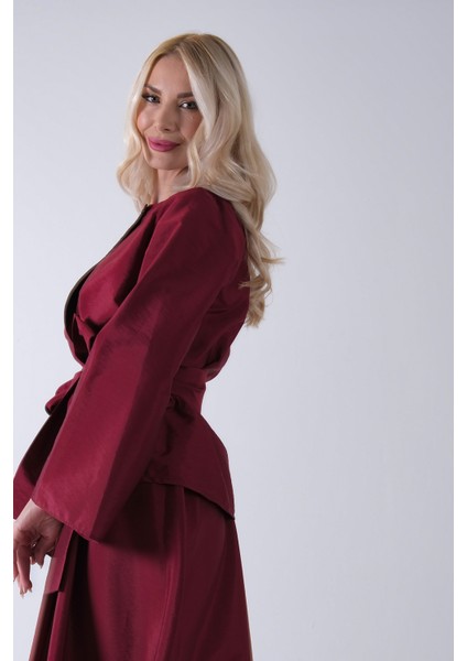 Bordo Önü Tek Düğmeli Kuşaklı Etek Ceket 31040701.04