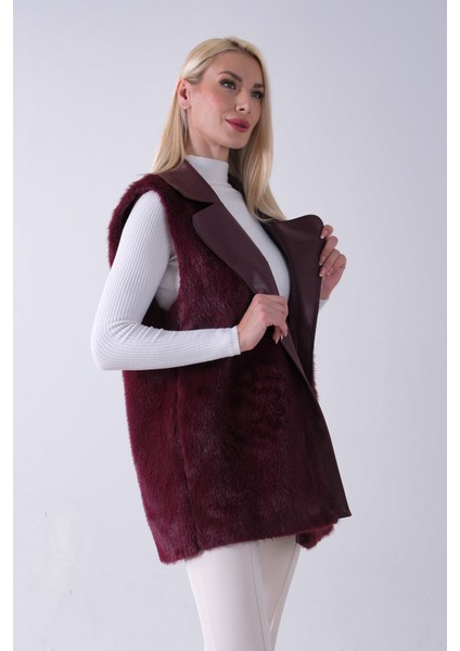 Bordo Deri Yakalı Yandan Cepli Yelek 4579030.04