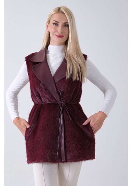 Bordo Deri Yakalı Yandan Cepli Yelek 4579030.04