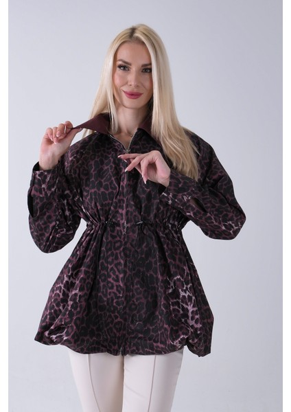 Bordo Yaka Garnili Leopar Desenli Beli Lastikli Trenç 5309347.04