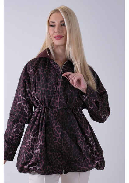 Bordo Yaka Garnili Leopar Desenli Beli Lastikli Trenç 5309347.04 fiyatları