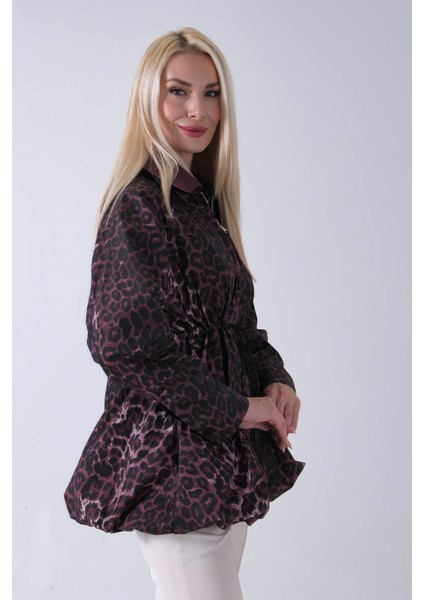Bordo Yaka Garnili Leopar Desenli Beli Lastikli Trenç 5309347.04