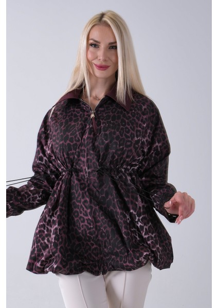 Bordo Yaka Garnili Leopar Desenli Beli Lastikli Trenç 5309347.04