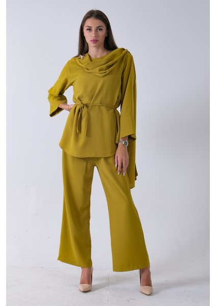 Fıstık Şal Yaka Üzeri Broş Detaylı Pantolonlu Takım 4592270.22