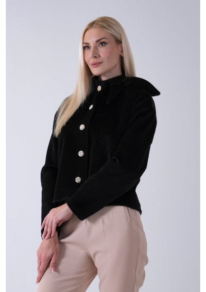 Siyah Omuz Fiyonk Detaylı Düğme Kapamalı Kaşe Ceket 41630060.01