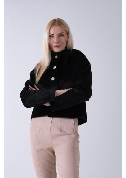 Siyah Omuz Fiyonk Detaylı Düğme Kapamalı Kaşe Ceket 41630060.01 fiyatları