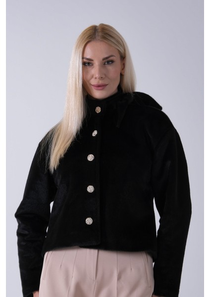 Siyah Omuz Fiyonk Detaylı Düğme Kapamalı Kaşe Ceket 41630060.01 fırsatları