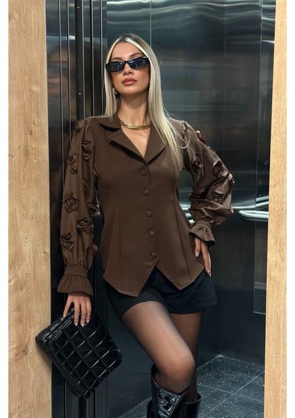 Kahve Kolları Transparan Çiçek Detaylı Önü Düğmeli Bluz 4202902.05
