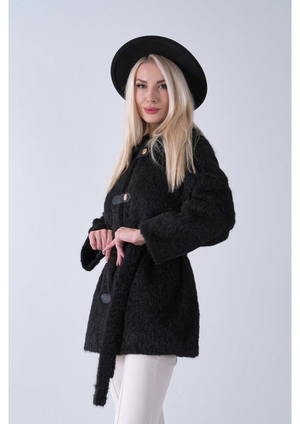 Siyah Gömlek Yakalı 4 Düğme Deri Bukle Detaylı Kaşe Yün Ceket 5307122.01