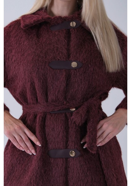 Bordo Gömlek Yakalı 4 Düğme Deri Bukle Detaylı Kaşe Yün Ceket 5307122.04