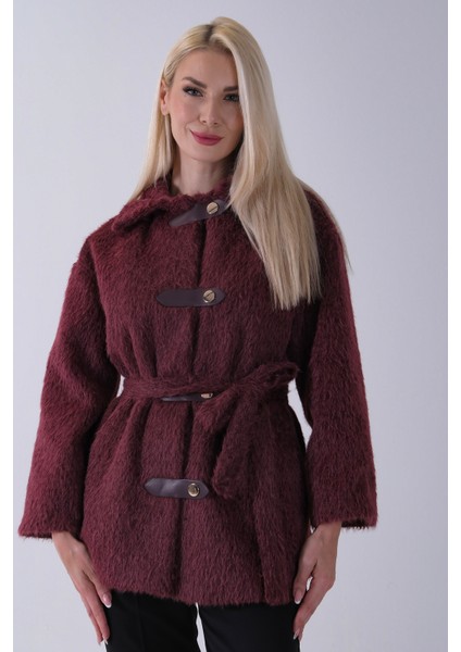 Bordo Gömlek Yakalı 4 Düğme Deri Bukle Detaylı Kaşe Yün Ceket 5307122.04