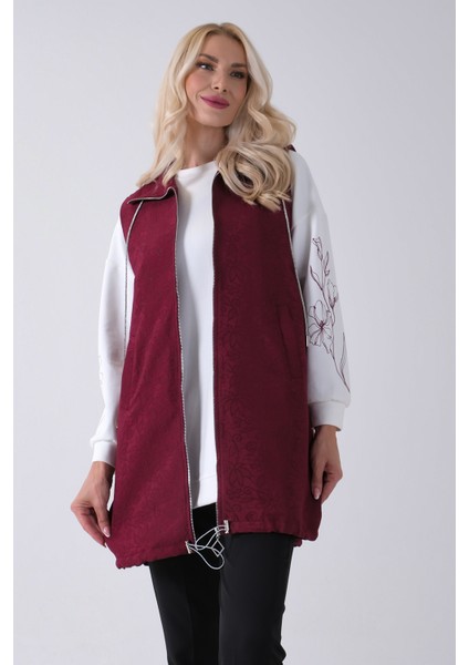 Bordo Tunik Kolu Çiçek Desenli Yelekli 2'li Takım 940120274.04