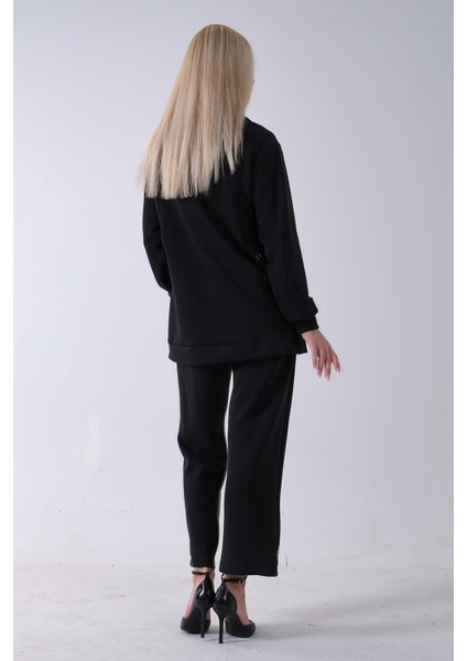 Siyah Fermuar Kapamalı 2 Cep Görünüm Detaylı Sweat Pantolonlu Takım 4577266.01