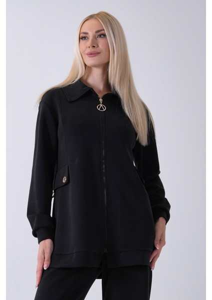 Siyah Fermuar Kapamalı 2 Cep Görünüm Detaylı Sweat Pantolonlu Takım 4577266.01