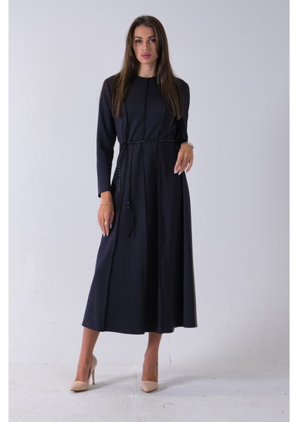 Lacivert Bisiklet Yaka Önü Pile Detaylı Beli Kemerli Elbise 4593453.02