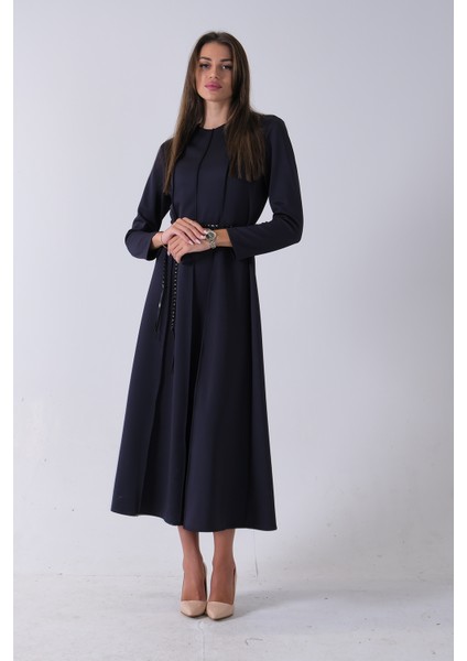 Lacivert Bisiklet Yaka Önü Pile Detaylı Beli Kemerli Elbise 4593453.02 fiyatları