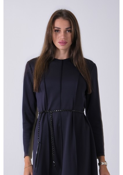 Lacivert Bisiklet Yaka Önü Pile Detaylı Beli Kemerli Elbise 4593453.02